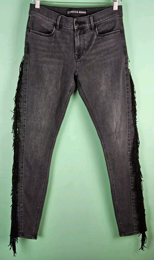 Express Jeans Womens Gray with Fringe Legging Mid Rise Skinny Size 4R