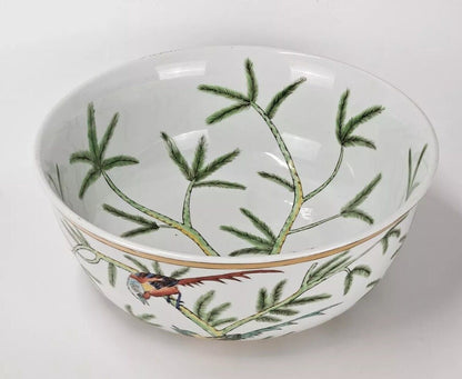 Japanese Antique Tree With Birds Porcelain Bowl Rare Characters Mark 14"