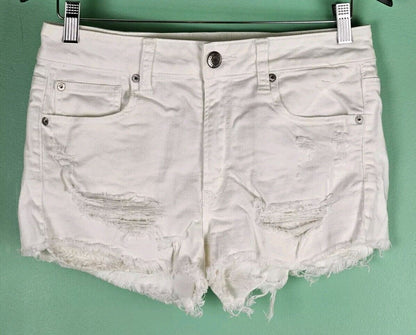 American Eagle Denim Shortie Shorts Women Sz 8 White Distressed Stretch