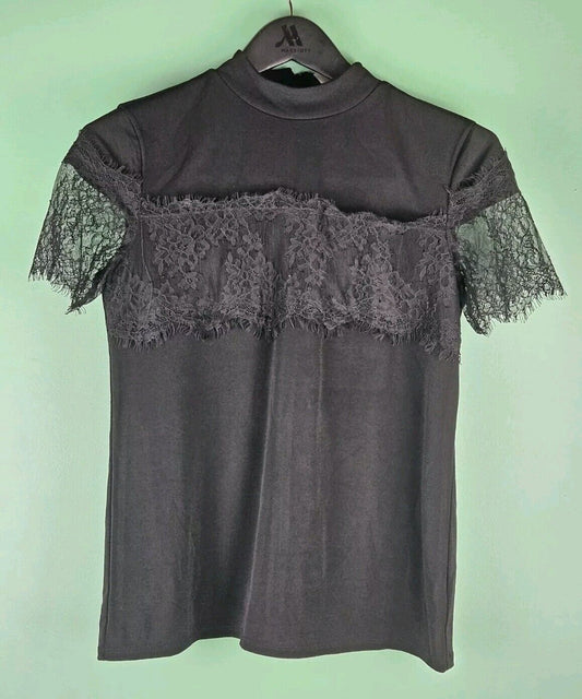 Decree Small S Top Black Lace Short Sleeve Back Zip Lined