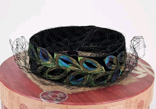 Lenore Marshall New York Black Peacock Hat/Cap With Veil