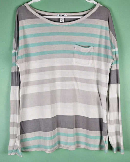 Old Navy Women’s Grey & White & Green  Striped Long Sleeve Top Size Large