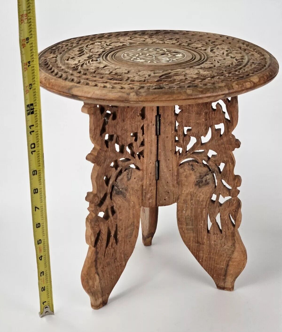 Vintage India Hand Carved Wood Plant Stand Table, Inlay, Tripod Legs