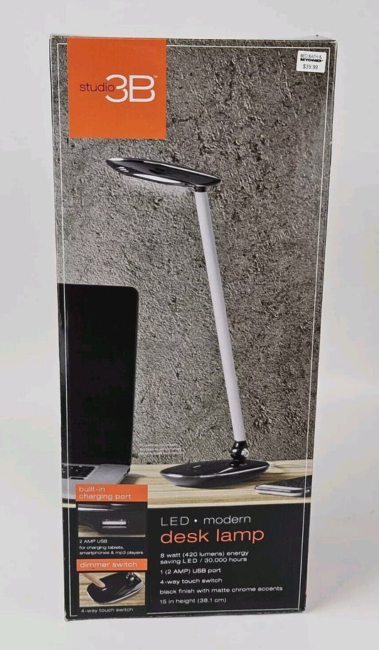 Black LED Desk Lamp Built in USB Port 3 Level Touch Dimmer Adjustable Neck