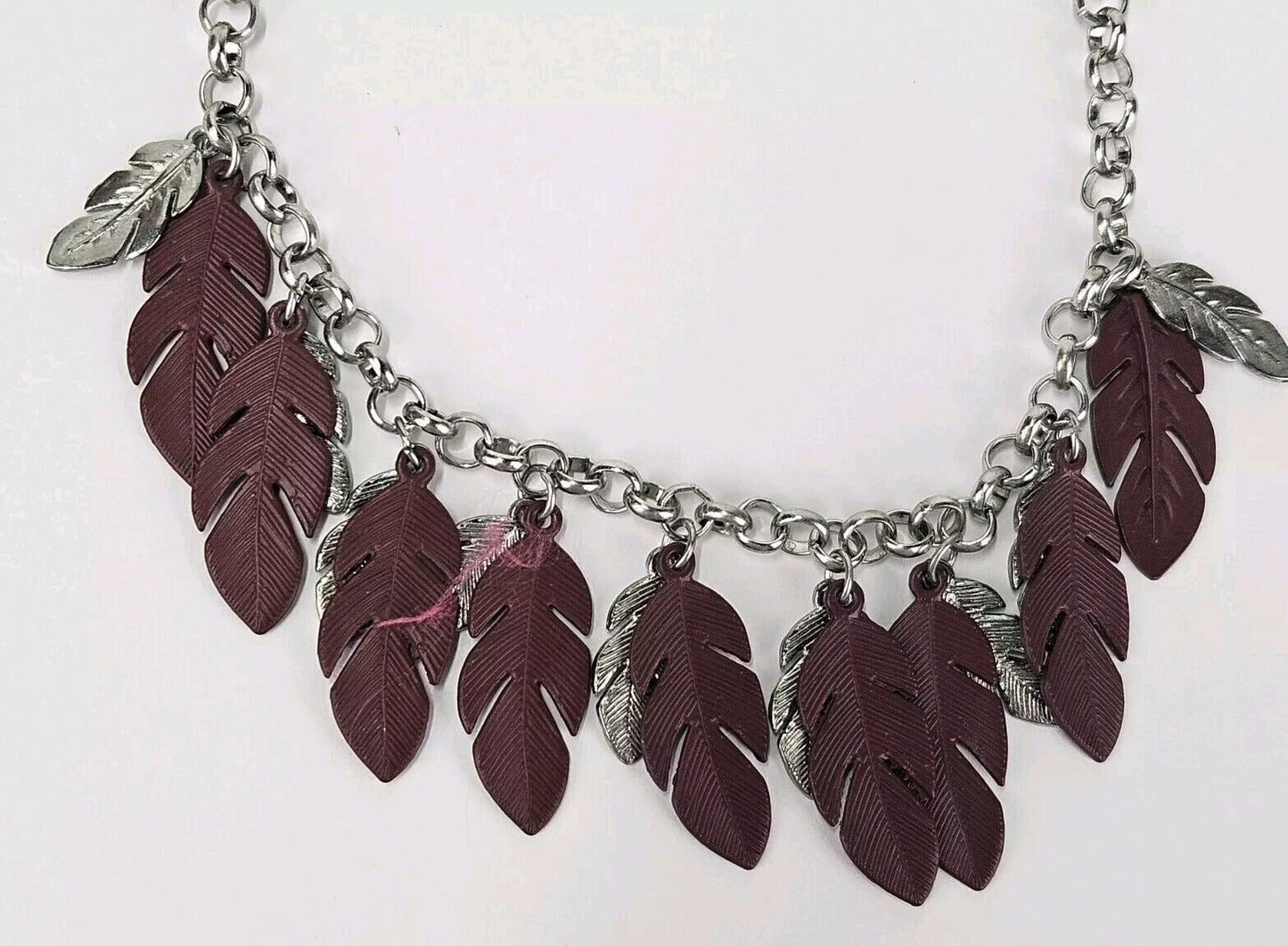 Necklace Silver Tone Feather Brown Silver Dangle Cha Cha Rolo Chain 16-18"