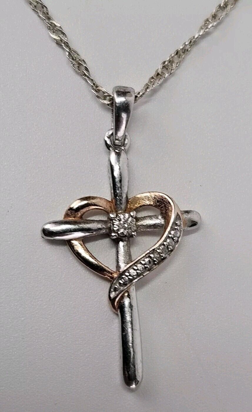 All Patron Saints Heart Shaped Diamond Cross 28" Necklace - 925 Sterling Silver