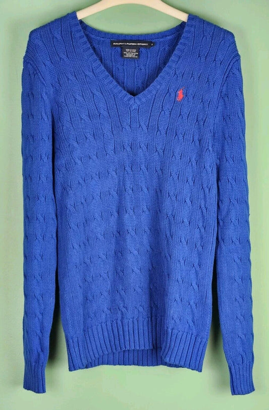 Polo Ralph Lauren Sport Womens Cable Knit Sweater M Blue V Neck Red Pony Logo