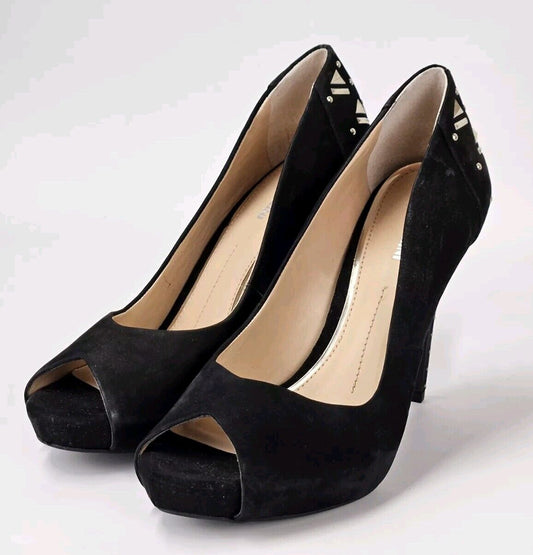 Gianni Bini Black Suede Leather 10 M Platform Peep Toe Pumps Heels Studs