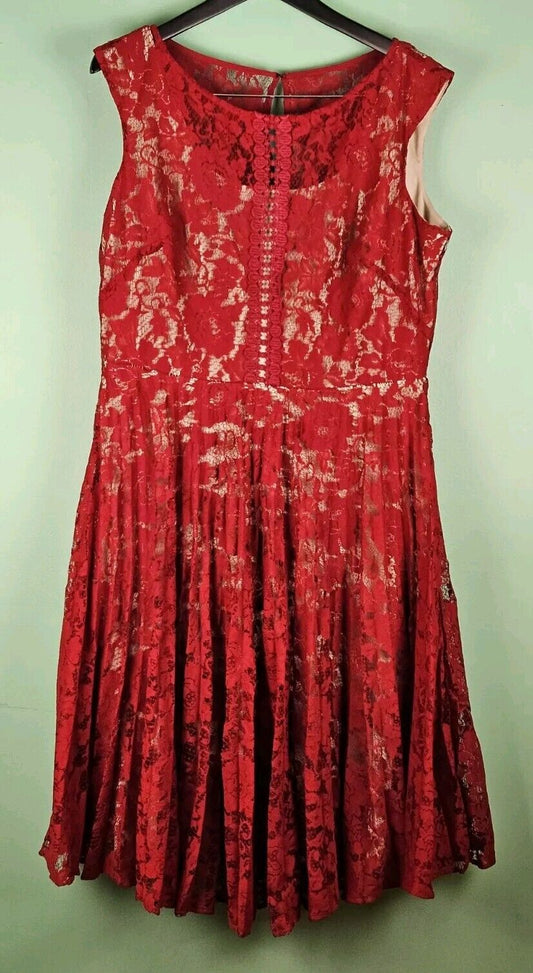 Julian Taylor NY Dress Sz 16 Red Floral Lace Nude Sleeveless Accordian Midi