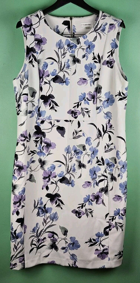 Calvin Klein 18w white dress floral blue Sleeveless Sheath Lined