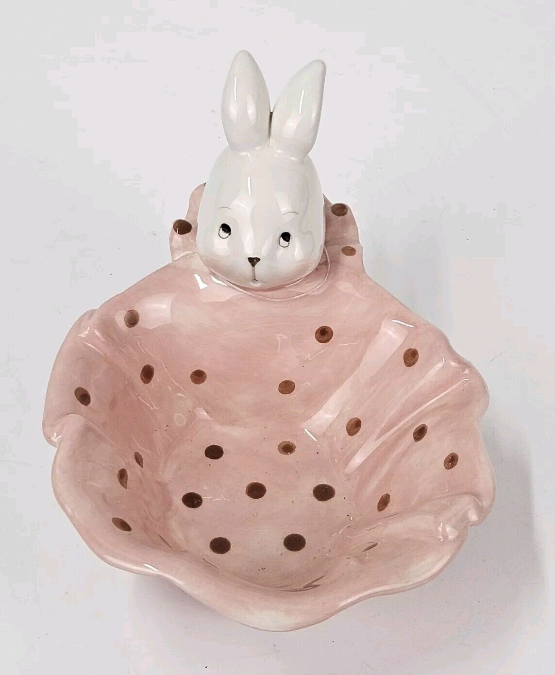 Dept 56 Easter Bunny Polka Dots Pink Bowl Candy Dish Ceramic White Rabbit