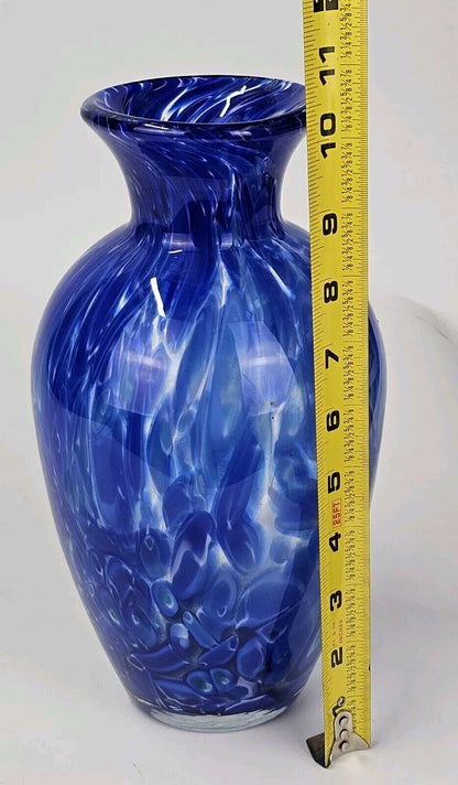 HAND BLOWN MURANO STYLE COBALT BLUE SWIRL SPLATTER ART GLASS VASE 10.5"