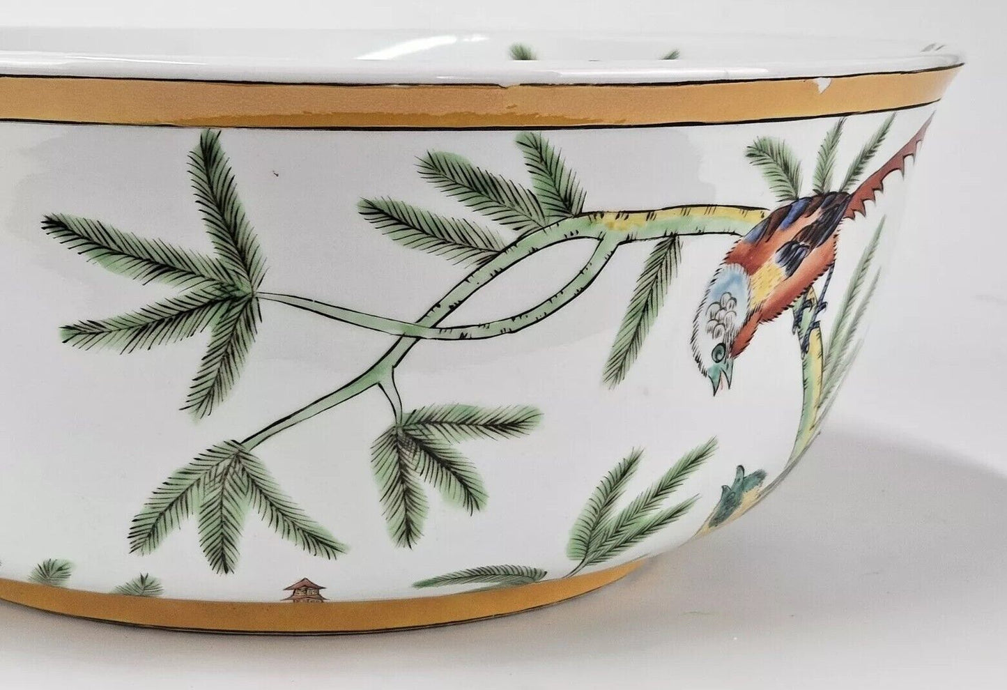 Japanese Antique Tree With Birds Porcelain Bowl Rare Characters Mark 14"