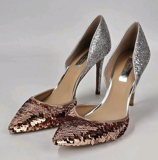 INC Koree Gold Sequin & Silver Glitter Heels D’Orsay Sides 10M