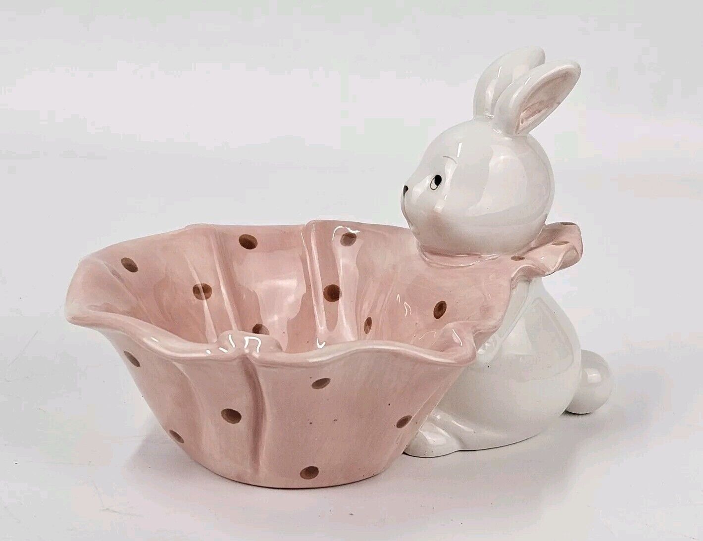 Dept 56 Easter Bunny Polka Dots Pink Bowl Candy Dish Ceramic White Rabbit