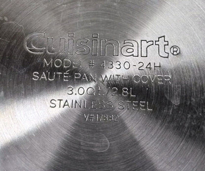 Cuisinart 3 Quart Saute Pan with Glass Cover Model 4330-24H Stainless Steel