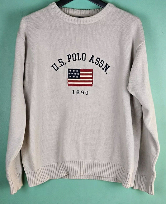 US Polo Assn Sweater Men XXLarge Cream Knit American Flag Ribbed Adult