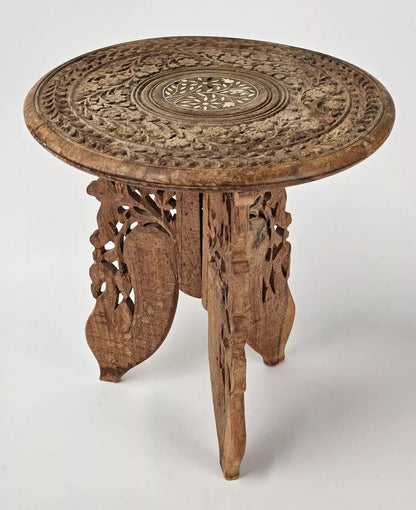 Vintage India Hand Carved Wood Plant Stand Table, Inlay, Tripod Legs