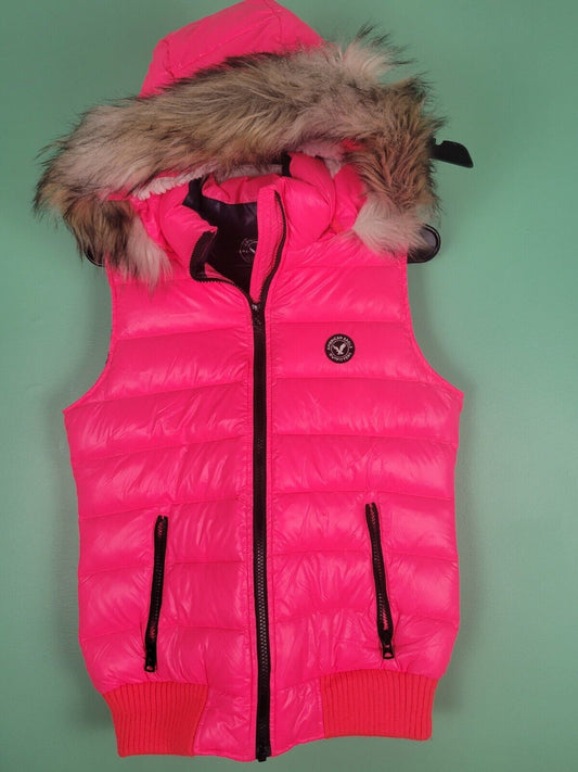 AMERICAN EAGLE OUTFITTERS Hoodie Puffer Vest Faux Fur Trim Pink Womens S