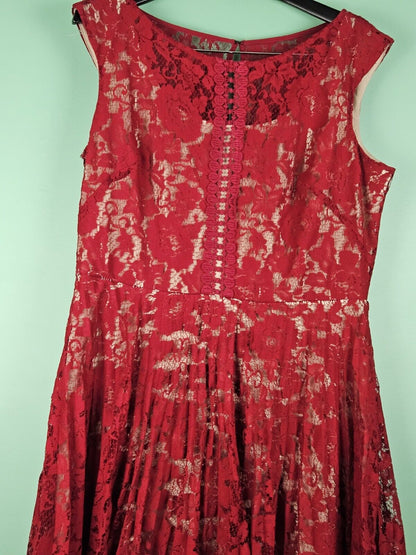 Julian Taylor NY Dress Sz 16 Red Floral Lace Nude Sleeveless Accordian Midi