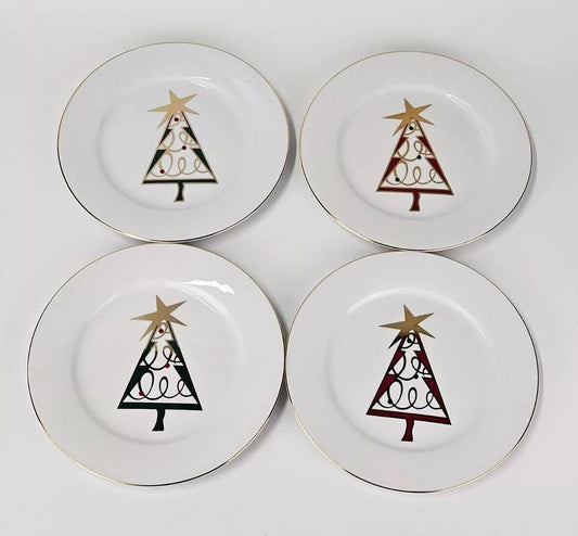 (4) Pier 1 Christmas Tree Holiday Plates Dessert Salad Green Red Gold Star core