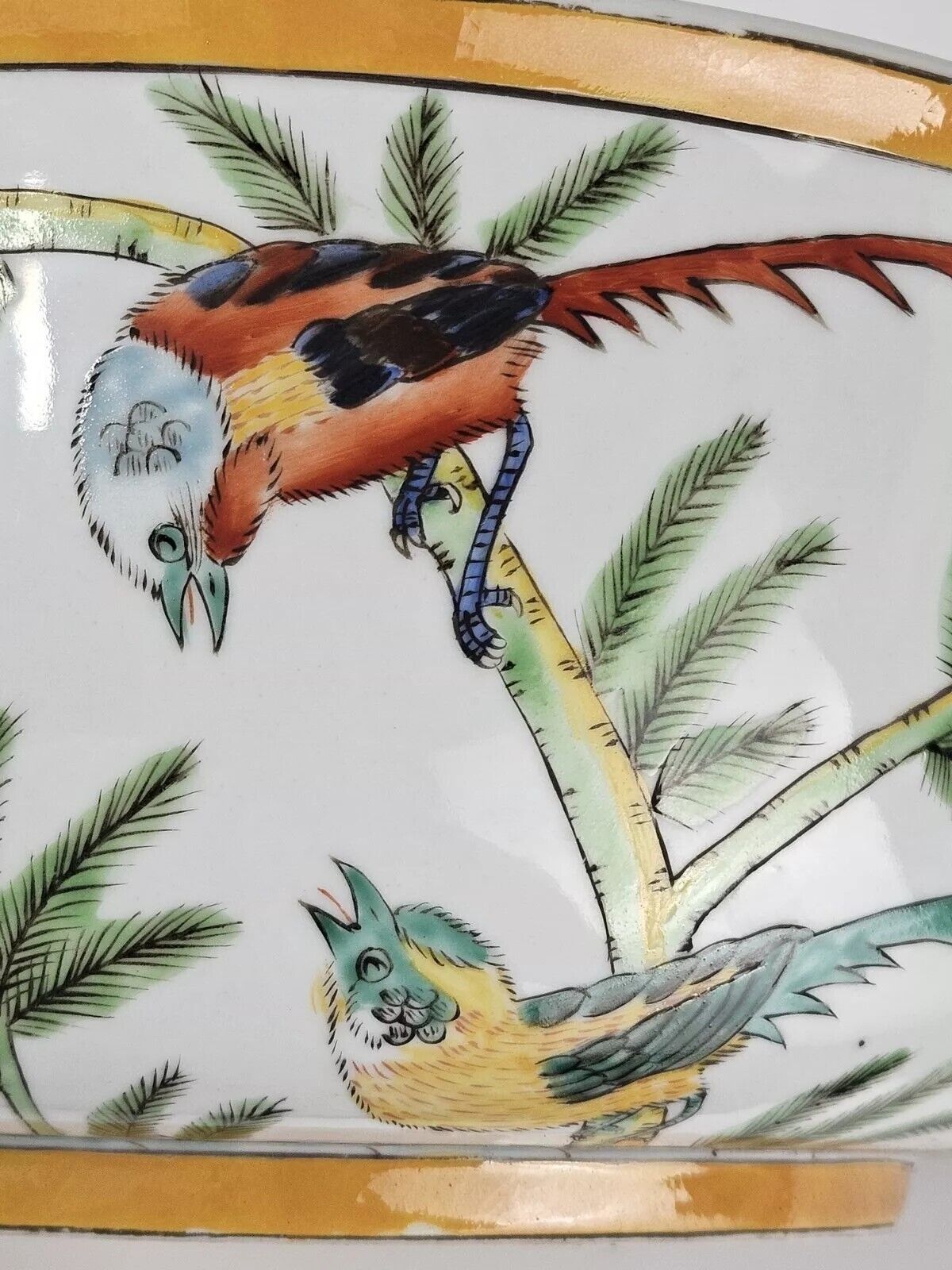 Japanese Antique Tree With Birds Porcelain Bowl Rare Characters Mark 14"