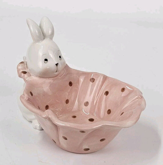 Dept 56 Easter Bunny Polka Dots Pink Bowl Candy Dish Ceramic White Rabbit