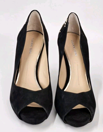 Gianni Bini Black Suede Leather 10 M Platform Peep Toe Pumps Heels Studs