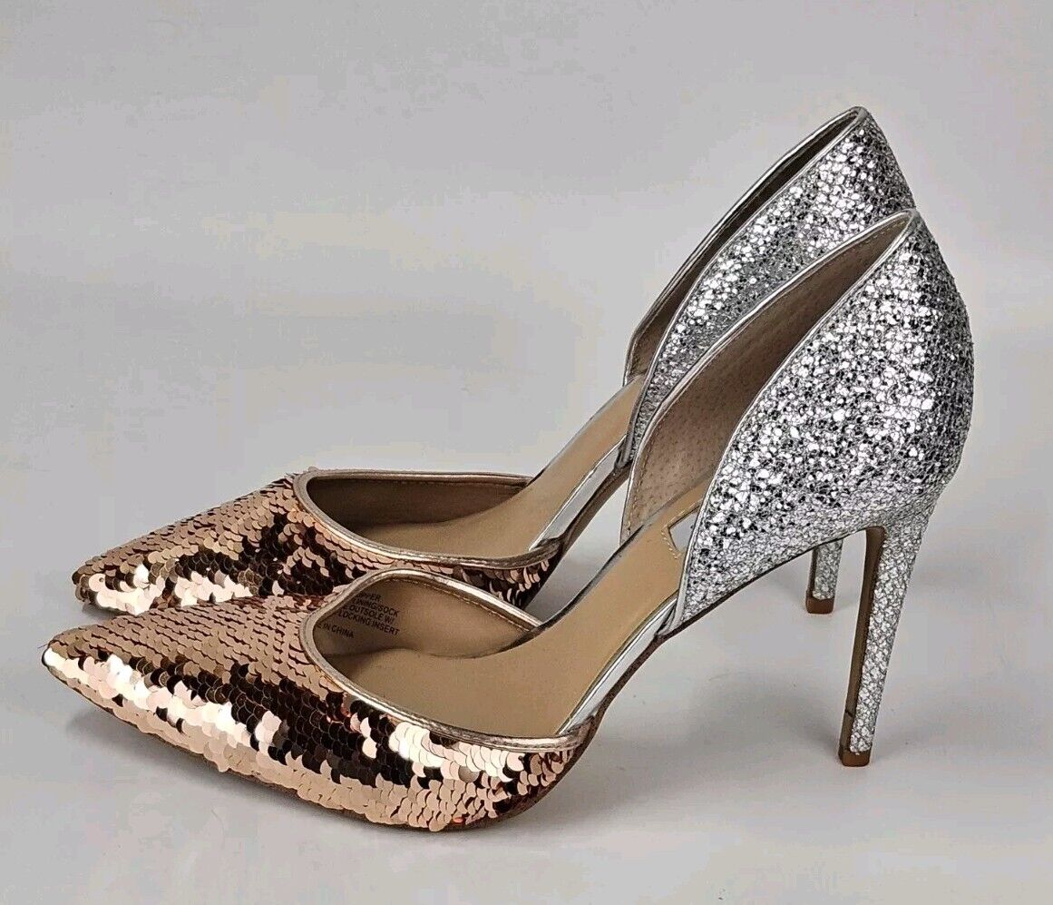 INC Koree Gold Sequin & Silver Glitter Heels D’Orsay Sides 10M