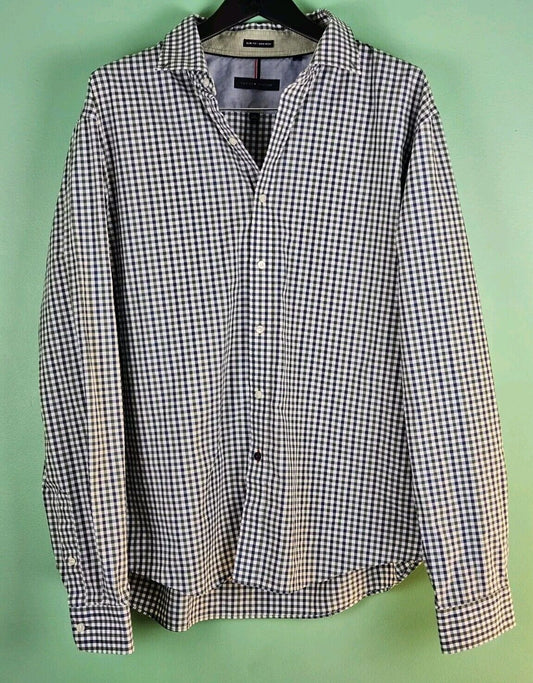 Tommy Hilfiger Dress Shirt Mens Large 18 36-37 Slim Fit Non Iron Blue Green