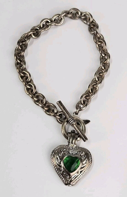 Vintage Signed TR Rolled Link Chain With Heart Charm and Green Gemstone Bracelet