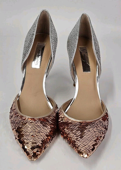 INC Koree Gold Sequin & Silver Glitter Heels D’Orsay Sides 10M