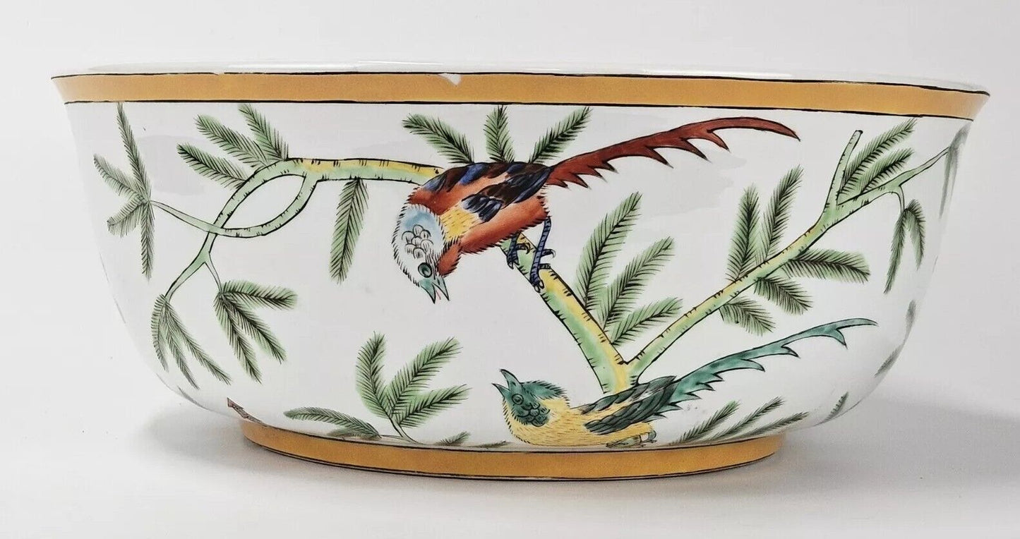 Japanese Antique Tree With Birds Porcelain Bowl Rare Characters Mark 14"