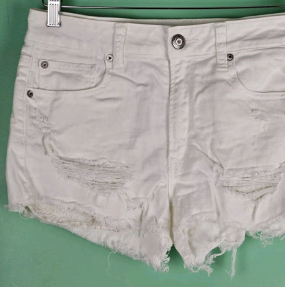 American Eagle Denim Shortie Shorts Women Sz 8 White Distressed Stretch