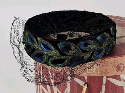 Lenore Marshall New York Black Peacock Hat/Cap With Veil