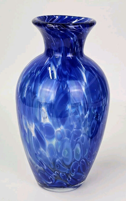 HAND BLOWN MURANO STYLE COBALT BLUE SWIRL SPLATTER ART GLASS VASE 10.5"