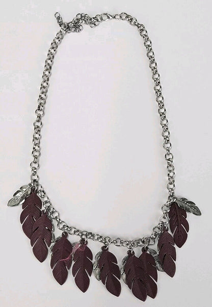 Necklace Silver Tone Feather Brown Silver Dangle Cha Cha Rolo Chain 16-18"