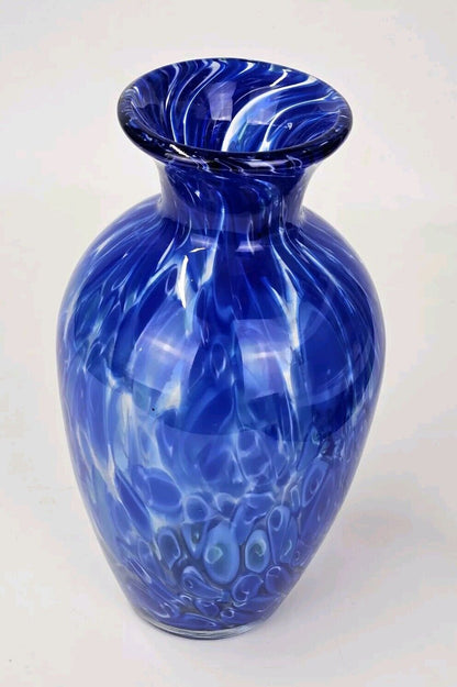 HAND BLOWN MURANO STYLE COBALT BLUE SWIRL SPLATTER ART GLASS VASE 10.5"