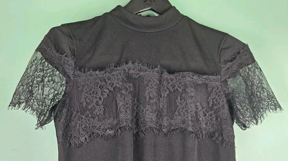 Decree Small S Top Black Lace Short Sleeve Back Zip Lined