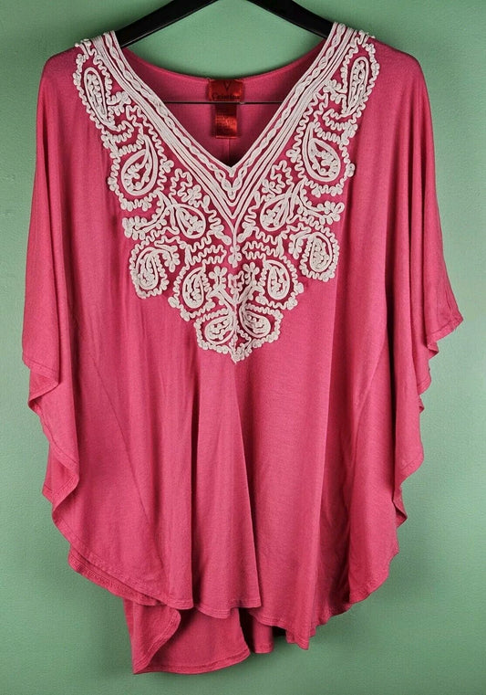 V Cristina Pink Top Tunic Embellished Embroidered Front Dolman women's Large