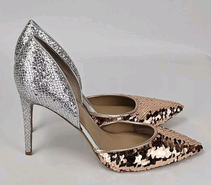 INC Koree Gold Sequin & Silver Glitter Heels D’Orsay Sides 10M