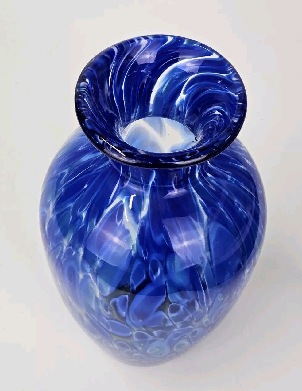 HAND BLOWN MURANO STYLE COBALT BLUE SWIRL SPLATTER ART GLASS VASE 10.5"