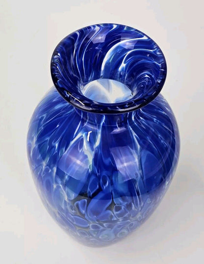 HAND BLOWN MURANO STYLE COBALT BLUE SWIRL SPLATTER ART GLASS VASE 10.5"