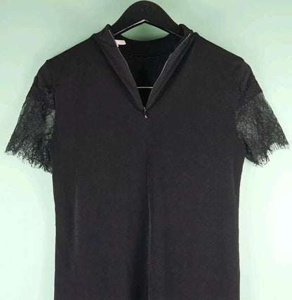 Decree Small S Top Black Lace Short Sleeve Back Zip Lined