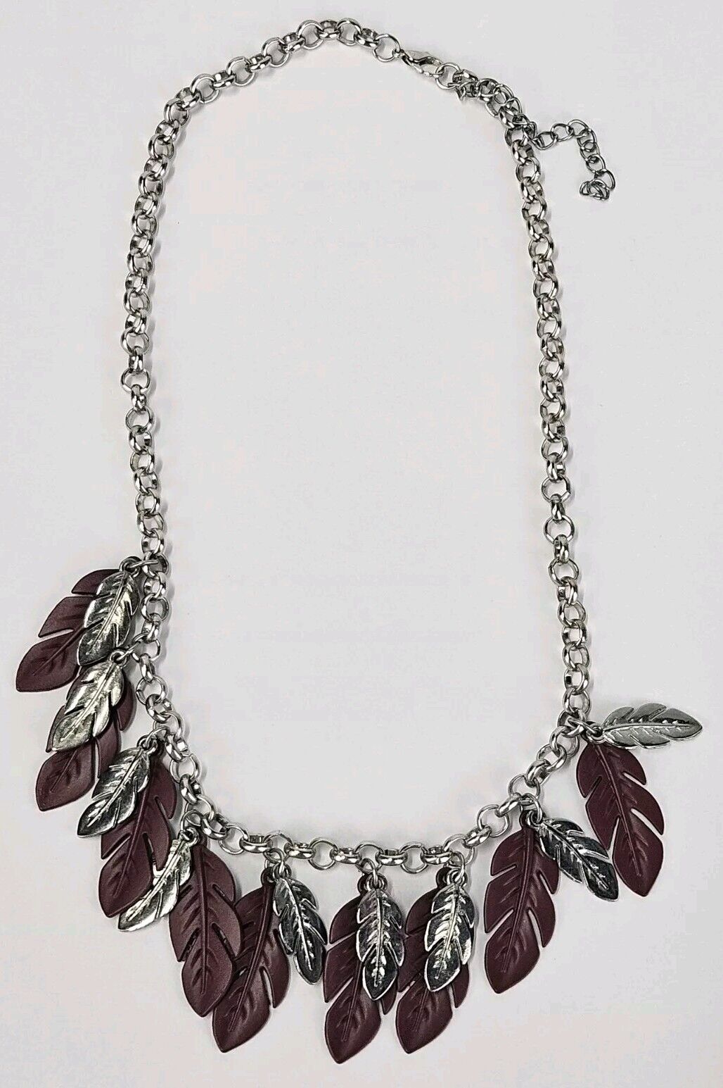 Necklace Silver Tone Feather Brown Silver Dangle Cha Cha Rolo Chain 16-18"