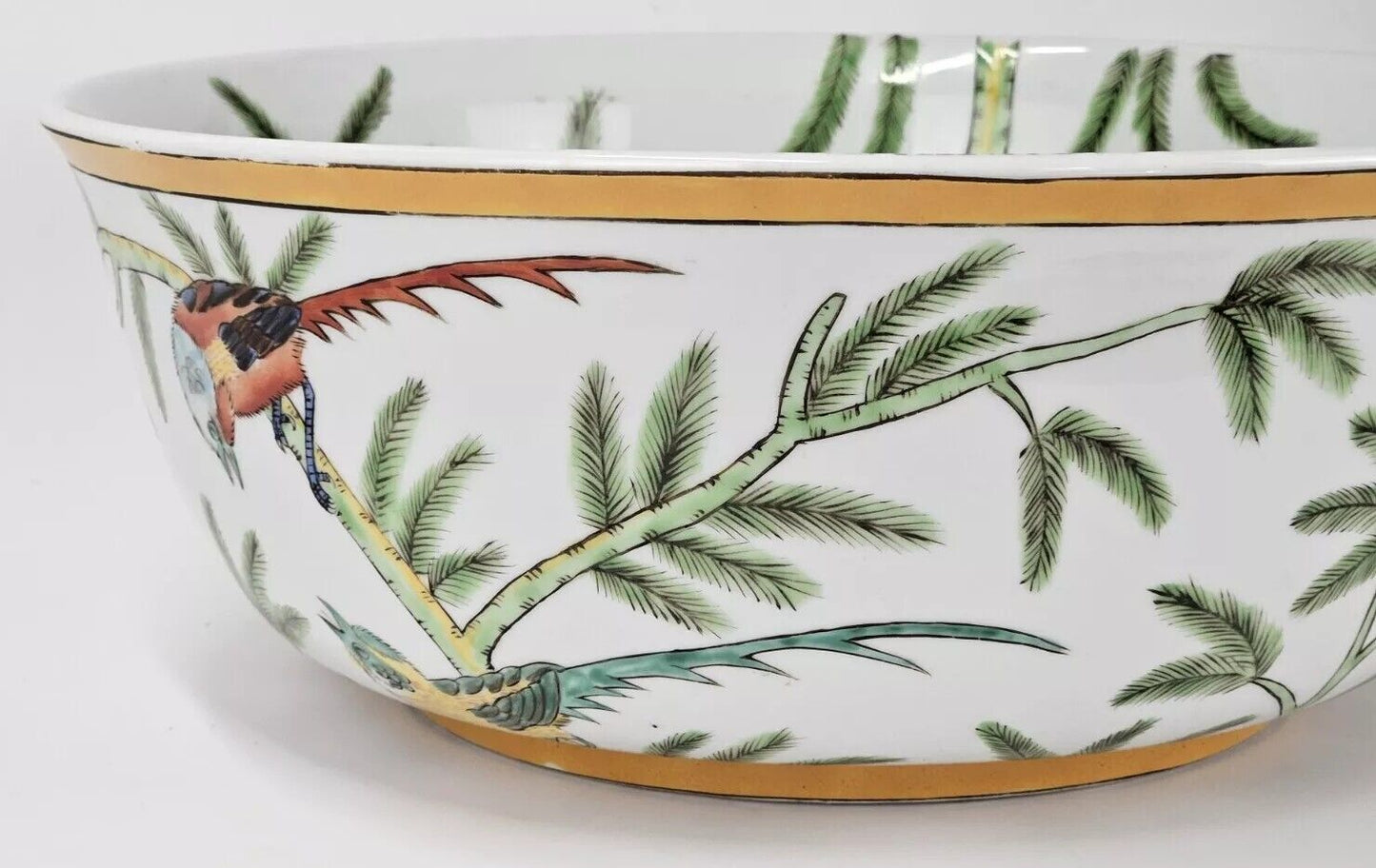 Japanese Antique Tree With Birds Porcelain Bowl Rare Characters Mark 14"