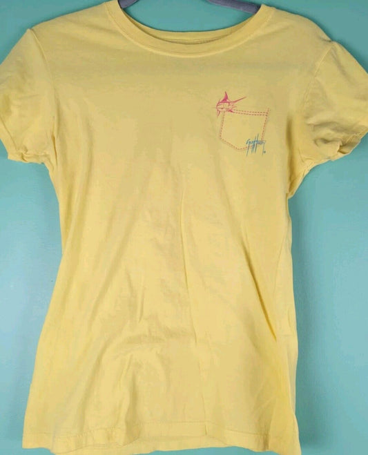 Guy Harvey Shirt Womens Large Yellow Tee Crew Fishing Swordfish Graphic Ladies