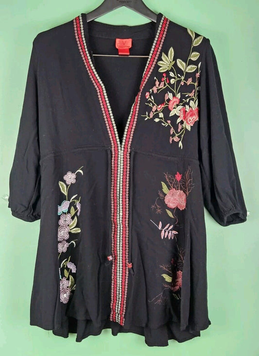 V Christina Floral Embroidered Dress Knee Length Boho Long Sleeve Size XL