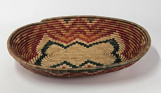 Vintage Southwestern Hand Woven Coiled Large Tan Oval Basket 19” Geometric