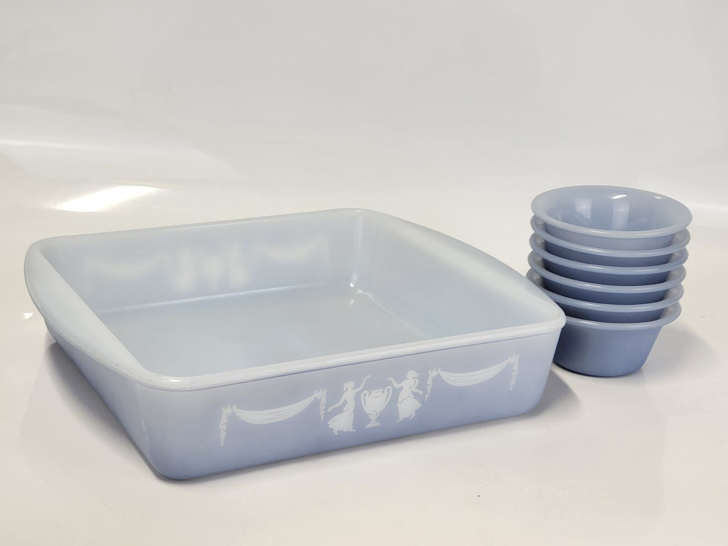 VINTAGE GLASBAKE J-247 BAKING DISH & 286 Mini Bowls Blue With Design MADE IN USA